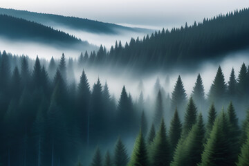 Fototapeta premium Misty Forest Landscape with Tall Pine Trees in the Morning Sunlight