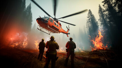 grupo de bomberos en un incendio forestal recibiendo ayuda de un helicóptero - obrazy, fototapety, plakaty