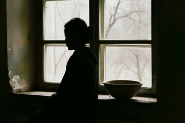 Fototapeta premium silhouetted figure against window, bowl on sill