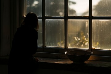 silhouetted figure against window, bowl on sill