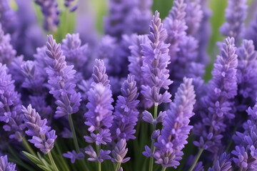 Close-up of beautiful purple lavender flowers in a field with a blurred background