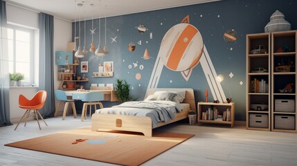 A gender-neutral kids' bedroom with a space exploration theme, featuring rocket ship decor, planetary posters, and an astronaut bedspread - obrazy, fototapety, plakaty