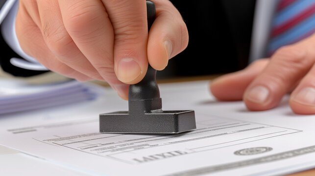 Close-up of businessman hand stamping document in office. Sign a business contract, Approve or reject of contract documents concept.