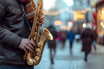 Obraz premium Street Musician's Passion: Close-Up of Hands Playing a Golden Saxophone, Live Jazz in the City Vibe, Urban Culture and Music, Melodies Echoing Through Busy Streets, Winter Music Scene