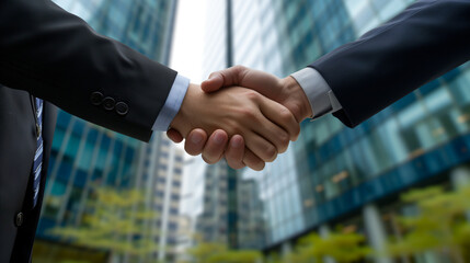 Closeup of handshake of business partners at outdoor with office building on background. Handshaking after good deal, greeting, dealing, merger and business joint venture concept.