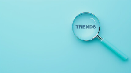 Magnifying glass finding TRENDS on blue background. Find information, new ideas and trends update concept.