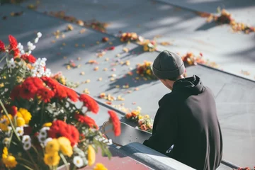 Fotobehang skateboarder sitting with flowers on a skate ramp © studioworkstock