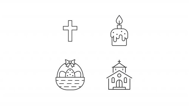Christian holiday animation library. Animated easter linear icons. Traditional holiday. Resurrection sunday. Black illustrations on white background. HD video with alpha channel. Motion graphic