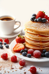 Appetizing stack of pancakes with berries and a cup of coffee
