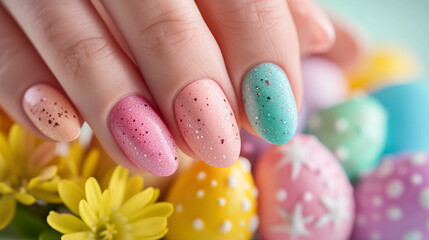Easter theme nail art design. Women fingernails with pretty pastel nail colors and spring easter eggs on background. Holiday and manicure concept.