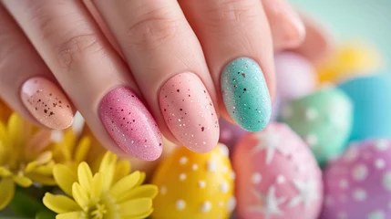 Tuinposter Easter theme nail art design. Women fingernails with pretty pastel nail colors and spring easter eggs on background. Holiday and manicure concept. © Bnz