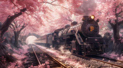 桜と蒸気機関車 - obrazy, fototapety, plakaty