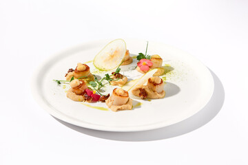 Seared Sea Scallops with Apple and Celery Puree Isolated on White