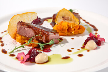 Duck fillet with onion marmalade and pumpkin puree, presented on a chic white plate for an upscale culinary experience