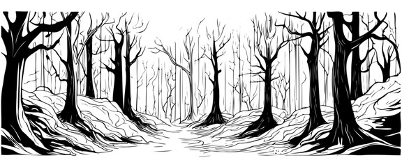Vector black and white hand drawing of scary magic fantasy horror forest with deformed old trees and spooky eyes of dangerous creatures shining everywhere.