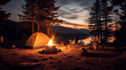 Bonfire campsite tent at night, wood burning hot fireplace outdoors camping adventure.