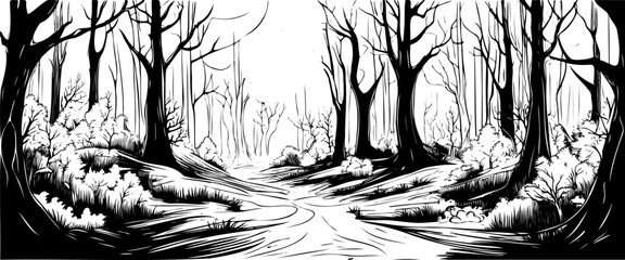 Horror forest, sketch with creepy night sky landscape, fantasy forest in moonlight, vector sketch illustration