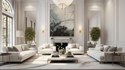 A grand luxury living room showcases a blend of classic and modern design, with architectural details, contemporary art, and ornate furniture