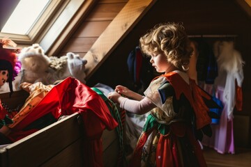 child dressing up in costumes from an attic trunk - obrazy, fototapety, plakaty