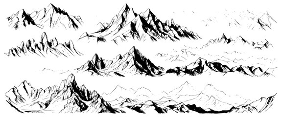Mountain sketch landscape in black on a white background. Hand drawn sketch style rocky peaks. Vector landscape illustration. banner - obrazy, fototapety, plakaty