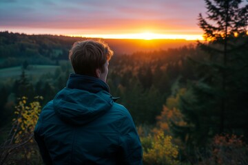 guy watching sunrise from forest hilltop