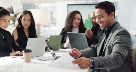 Man at meeting in office with laptop, internet and review for business feedback, schedule or agenda. Networking, typing and businessman online for market research, web report document and workshop.