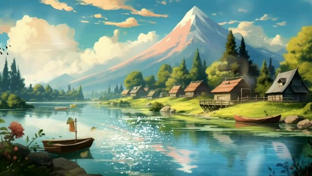 Tranquil Waters: A Picturesque Landscape with a Lake, Majestic Mountains, and a Wooden Boat Afloat. Animated fantasy background, watercolor painting illustration style, seamless looping 4K video