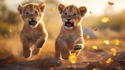Playful baby lion cubs batting at butterflies in the African savanna, fluffy paws and curious eyes