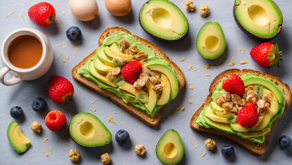 Toast with avocado and fruit. Healthy breakfast. The concept of proper nutrition. Vegetarianism