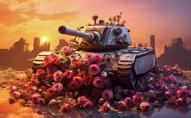 Panzer mit vielen Blumen in einer zerstörten Stadt, Generative AI - obrazy, fototapety, plakaty