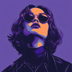 surreal illustration of a young woman with modern sunglasses in front of a minimal backdrop in purple tones