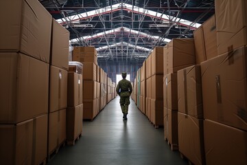 person in military uniform walking between large boxes in hangar - obrazy, fototapety, plakaty
