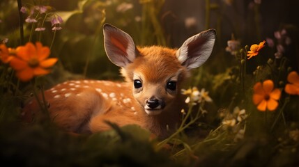 Newborn fawn nestled in a bed of wildflowers, delicate legs and curious gaze