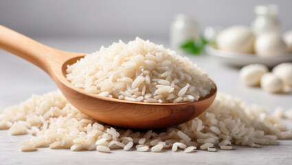 Obraz na płótnie Canvas rice in a wooden spoon in a bright kitchen