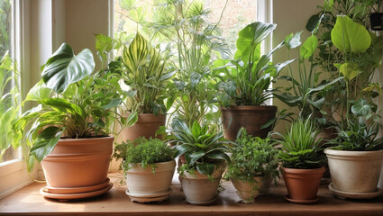 A variety of green indoor plants on the background of the window