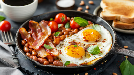 English Breakfast in cooking pan with fried eggs, sausages and bacon