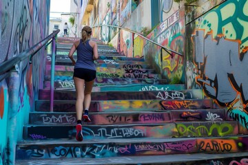 female jogger on colorful graffiticovered city steps