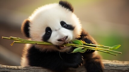 Adorable baby panda munching on bamboo, black and white markings and clumsy chewing