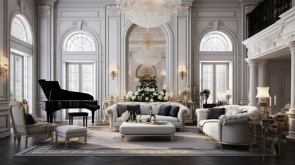 Fototapeta na wymiar A grand luxury living room showcases a blend of classic and modern design, with architectural details, contemporary art, and ornate furniture