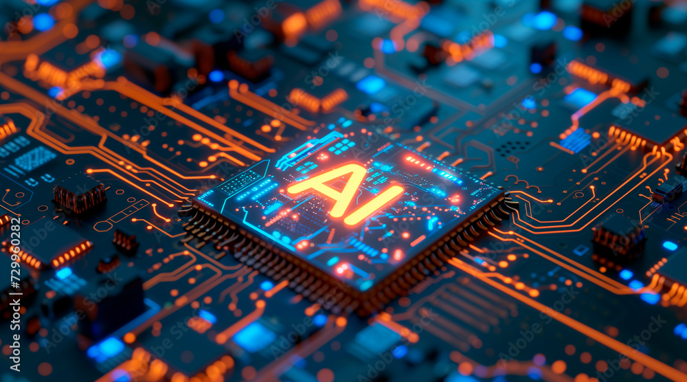 Poster a glowing 'ai' symbol is at the heart of a complex circuit board, illustrating the integration of ar