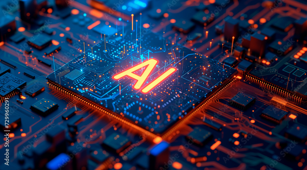 Poster a glowing 'ai' symbol is at the heart of a complex circuit board, illustrating the integration of ar