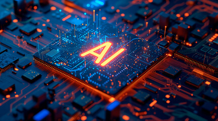A glowing 'AI' symbol is at the heart of a complex circuit board, illustrating the integration of...