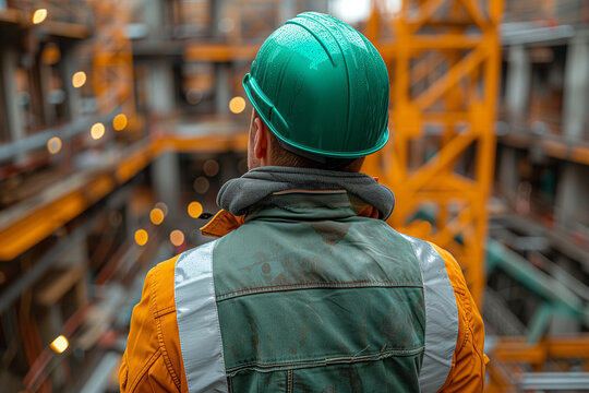 construction safety officer with green helmet, Diligent construction safety officer, sporting a green helmet, overseeing the building site with a focus on safety protocols.