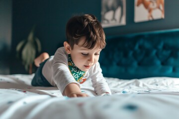 boy with jolly roger bandana playing on bed
