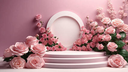 beautiful scene on a pink background with pink roses around - obrazy, fototapety, plakaty