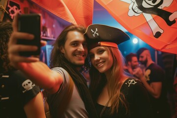 young couple taking a selfie with a pirate flag at a costume party