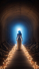 a girl in a long dress walks through a tunnel until the white light. concept of transition to another world. light at the end of the tunnel