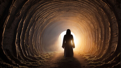 a girl in a long dress walks through a tunnel until the white light. concept of transition to...