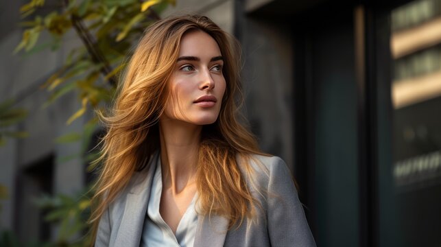 In the afternoon, a brown-haired businesswoman wearing a blazer is looking sideways. After work in front of the office, the long-haired woman is swept away by the wind. Created with Generative AI.