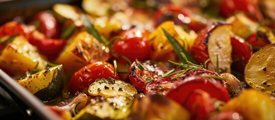 Close up of traditional vegetarian Tian Provencal casserole with assorted veggies.